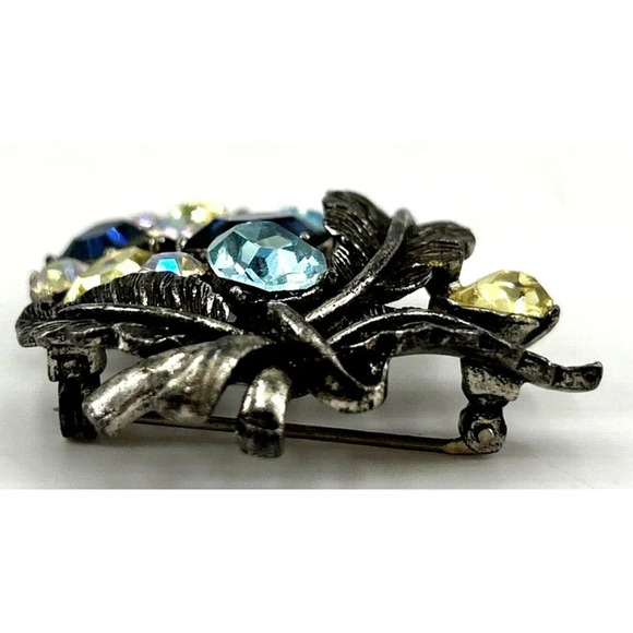 Vintage Brooch Ornate Round Blue Yellow Leaf Pattern Rhinestone 2" - Picture 2 of 6